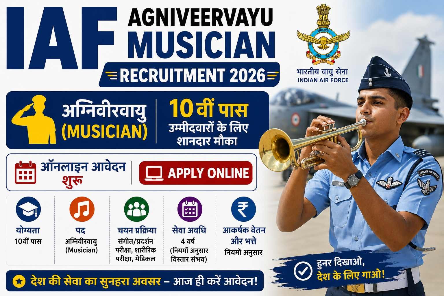 IAF Agniveervayu Musician Recruitment 2026: 10рд╡реАрдВ рдкрд╛рд╕ рдЙрдореНрдореАрджрд╡рд╛рд░реЛрдВ рдХреЗ рд▓рд┐рдП рдЕрдЧреНрдирд┐рд╡реАрд░рд╡рд╛рдпреБ (Musician) рднрд░реНрддреА, рдСрдирд▓рд╛рдЗрди рдЖрд╡реЗрджрди рд╢реБрд░реВ