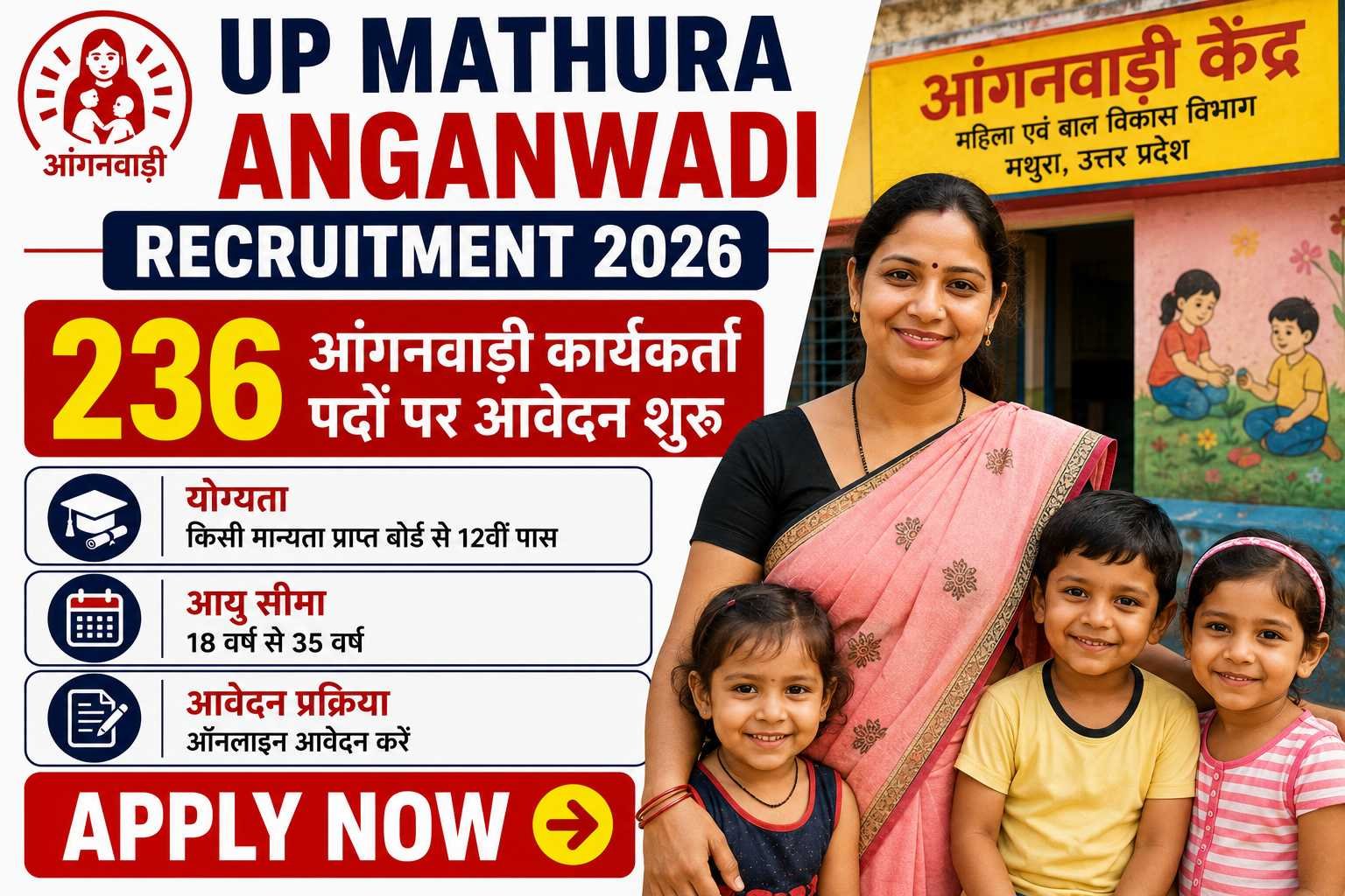 UP Mathura Anganwadi Recruitment 2026: 236 आंगनवाड़ी कार्यकर्ता पदों पर आवेदन शुरू, जानें पूरी जानकारी